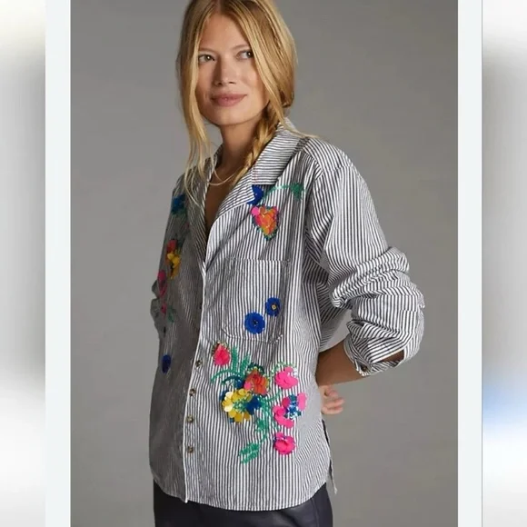 Anthropologie Maeve Embroidered Striped Boxy Buttondown Shirt Top XS 2 - Picture 15 of 15
